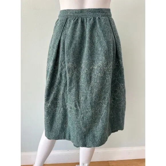 Vintage Green Wool Blend Skirt Pleated Midi Metallic Floral Embroidered size 10 - Picture 5 of 8